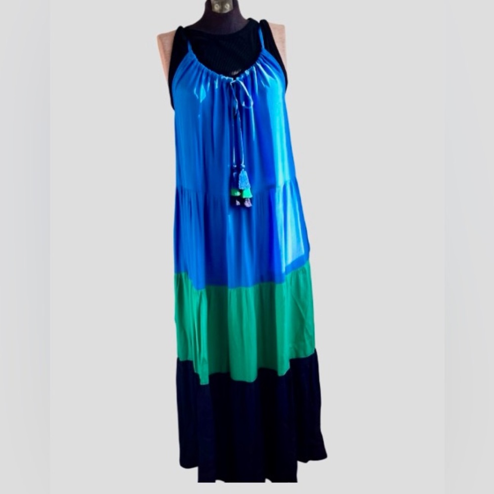 Tommy Bahama Blue & Green Colorblock Tiered Tassel Midi Dress S/P NWT